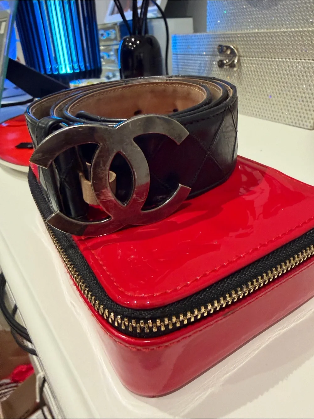 CHANEL Black Quilted Leather Belt with Silver CC Interlocking Buckle
